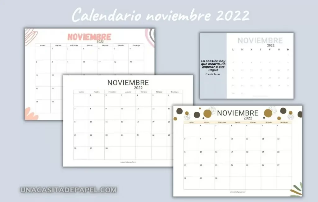 Calendarios noviembre 2022 para imprimir