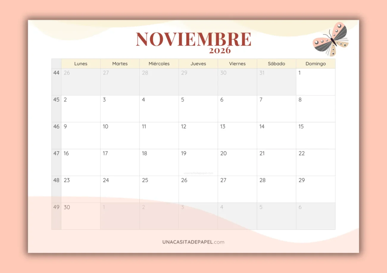 Calendarios noviembre 2026 mensual para imprimir