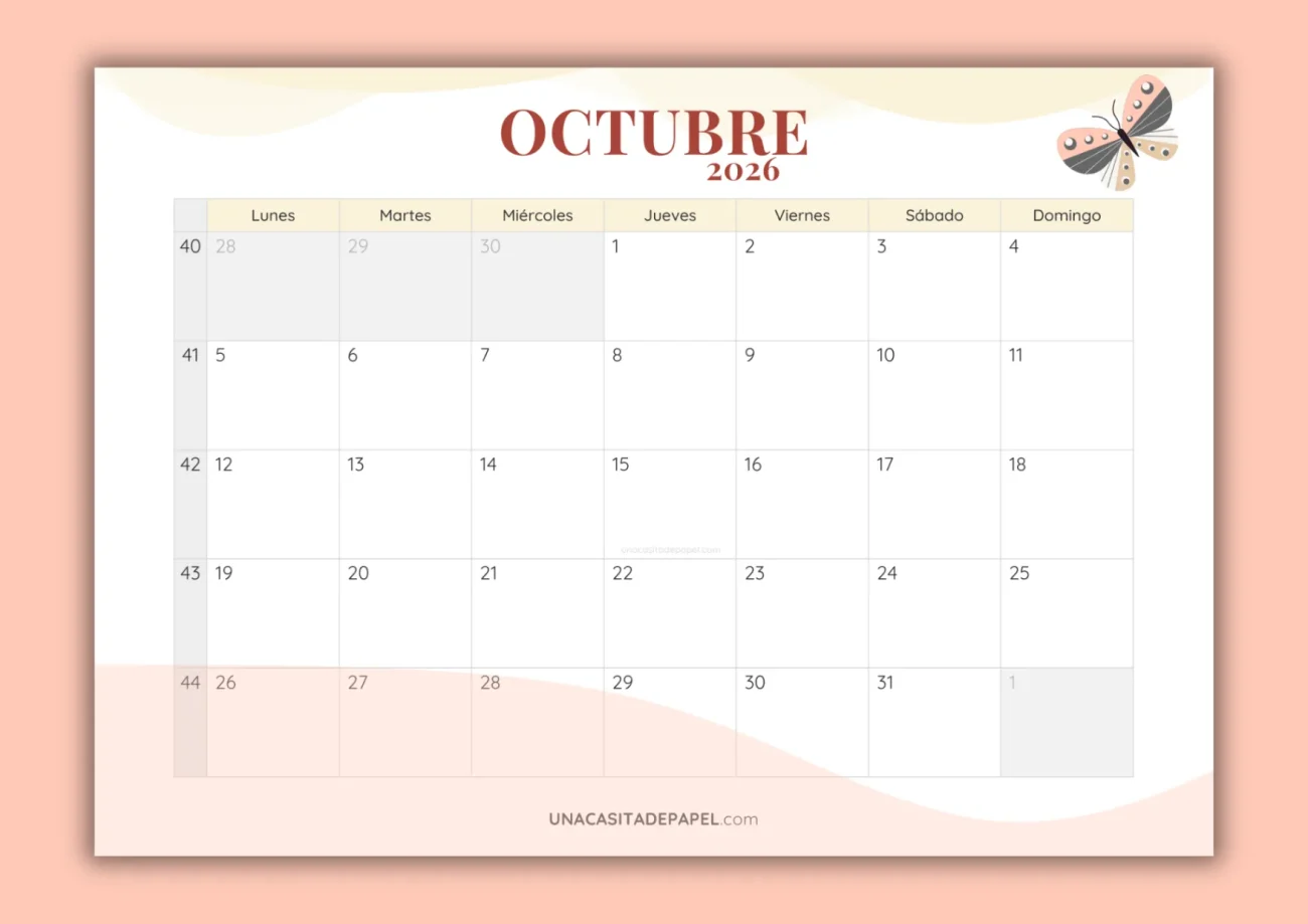 Calendarios octubre 2026 mensual para imprimir