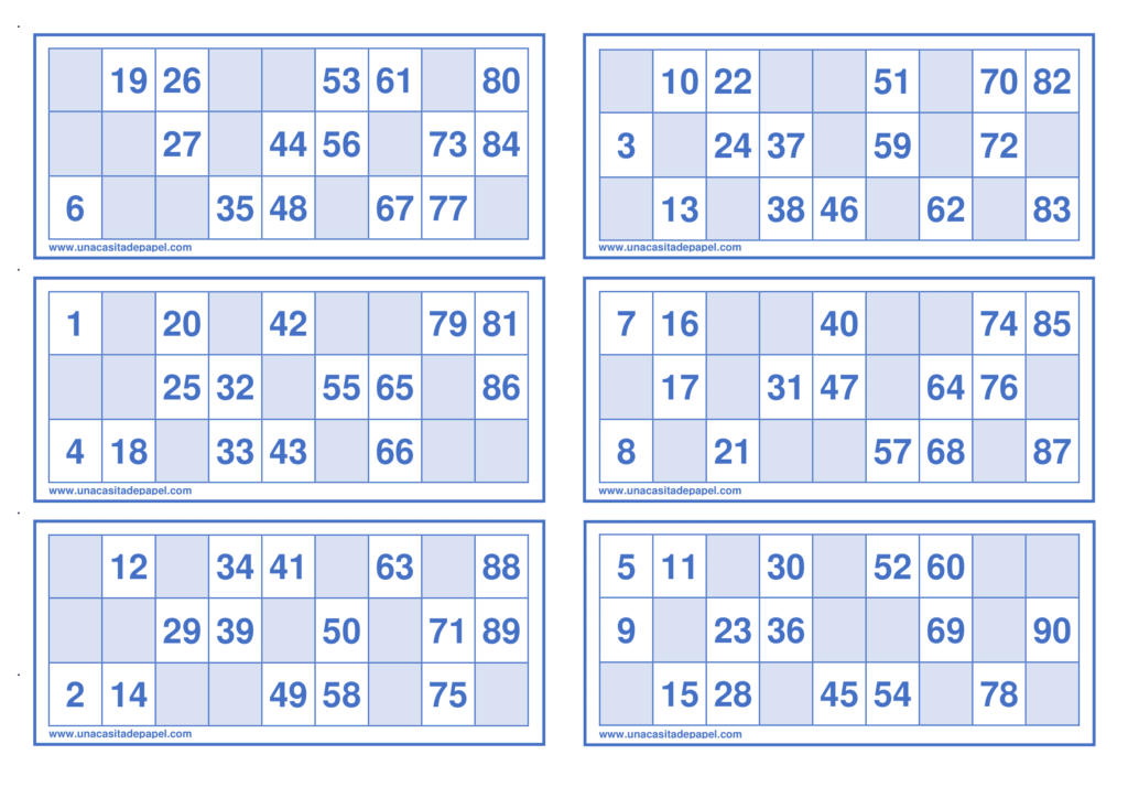 Tablas de bingo para imprimir, plantilla azul 1 serie