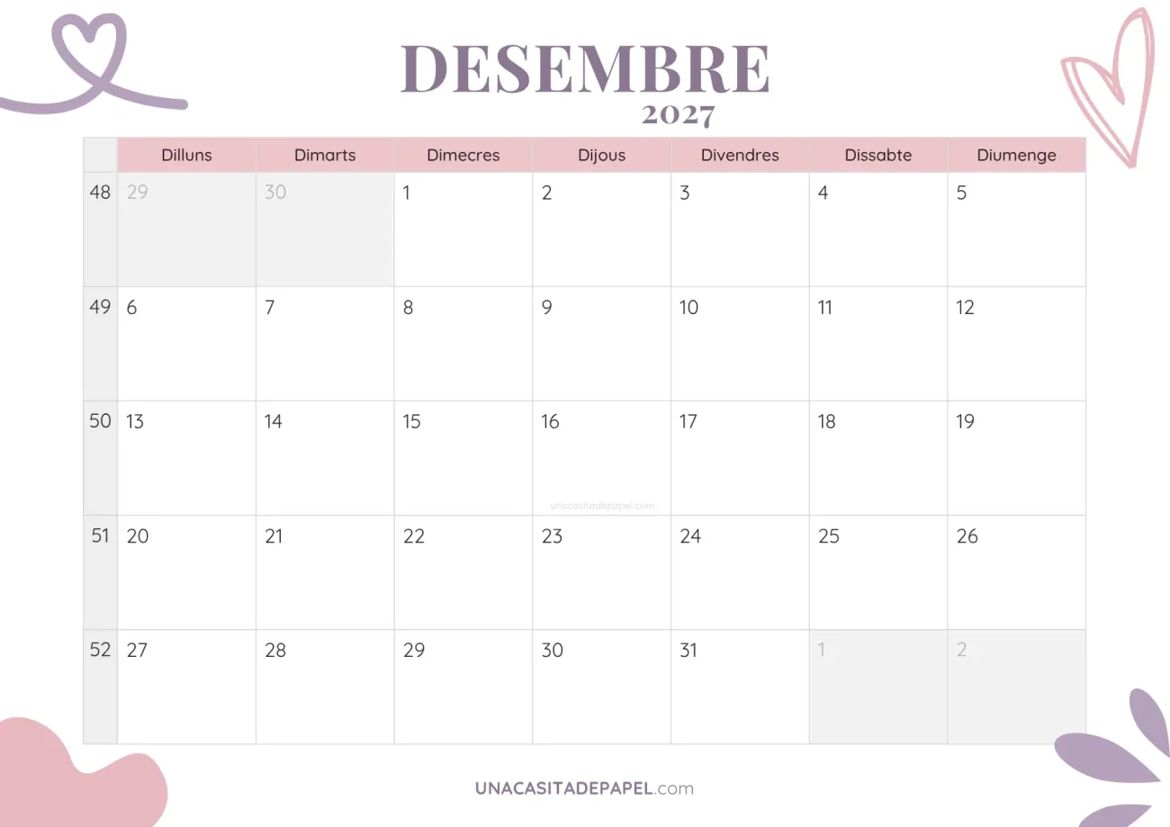 ca-calendari desembre 2027 estètic gratis