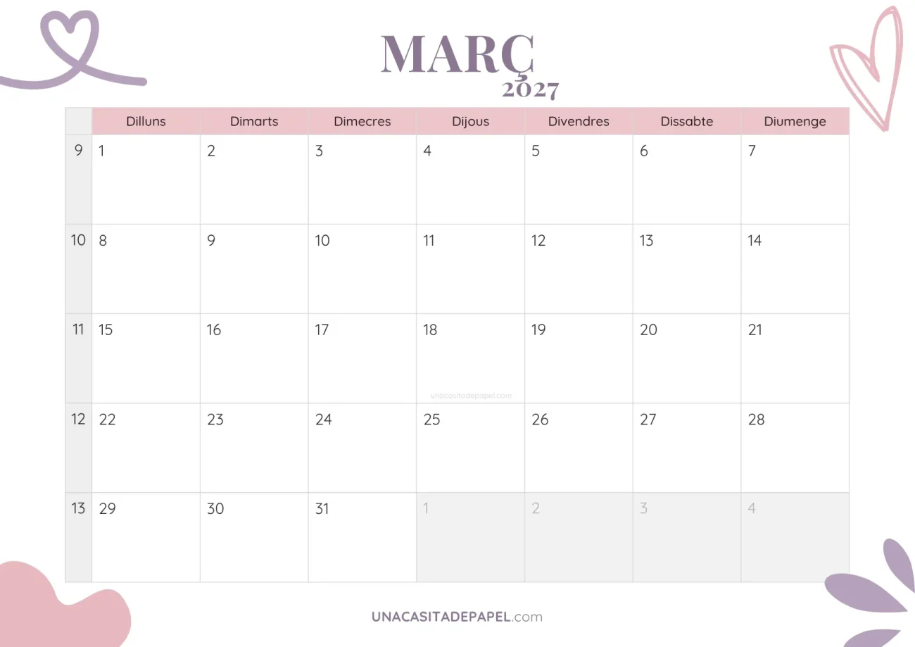ca-calendari marc 2027 estètic gratis