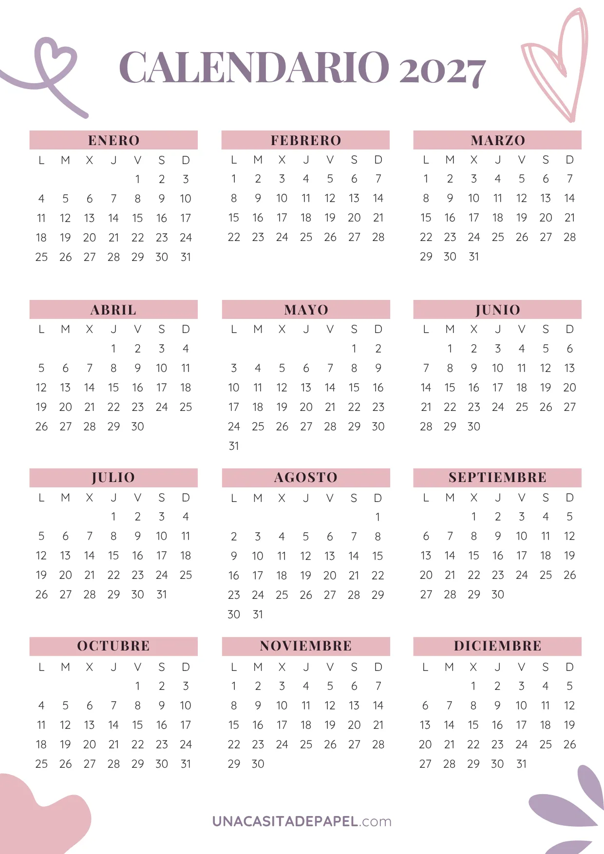 calendario 2027 aesthetic gratis