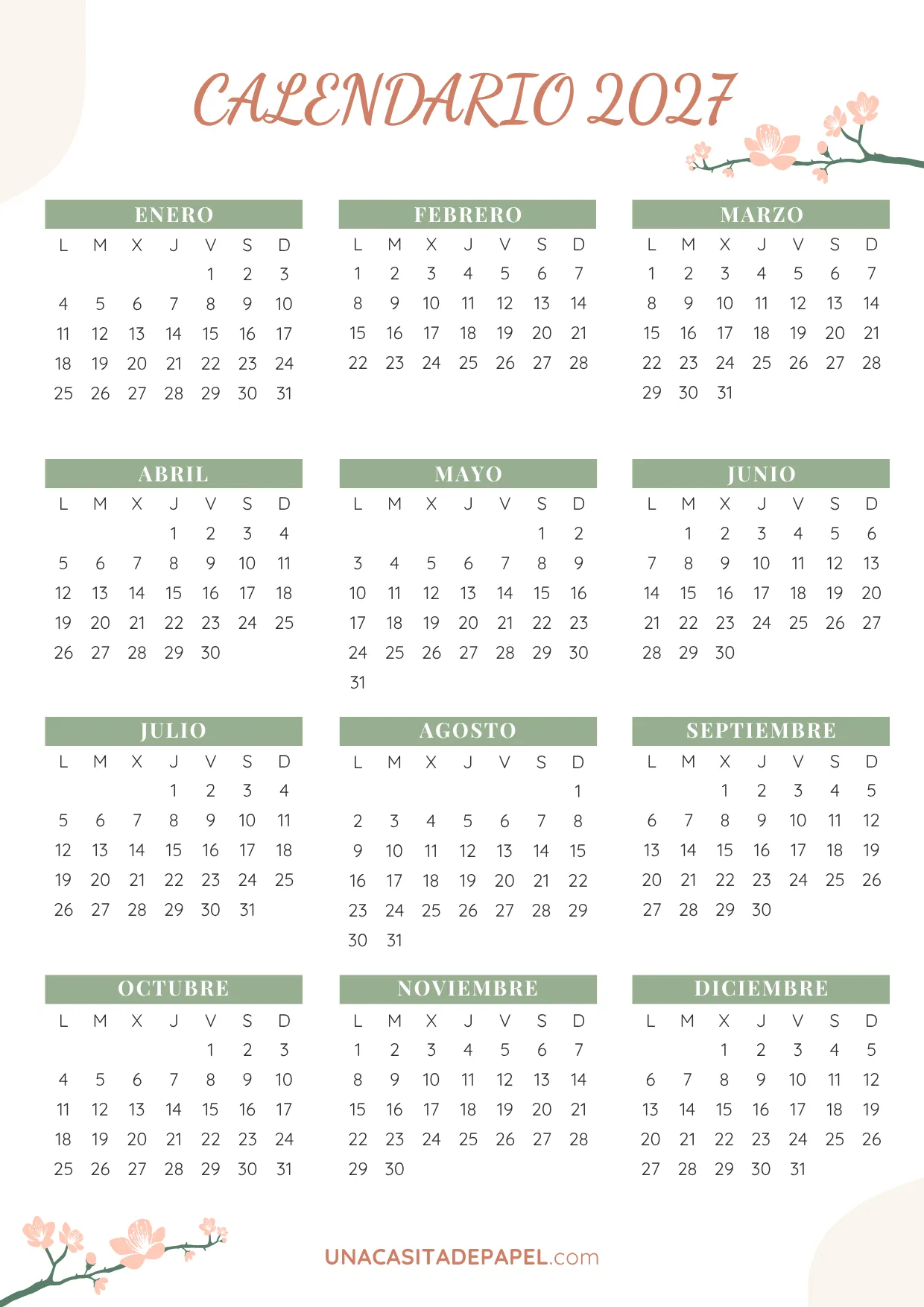 calendario 2027 floral bonito