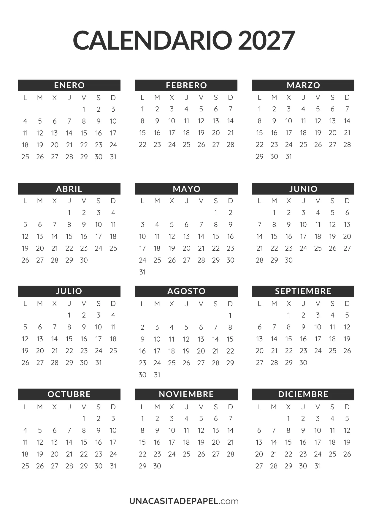 calendario 2027 minimalista para imprimir