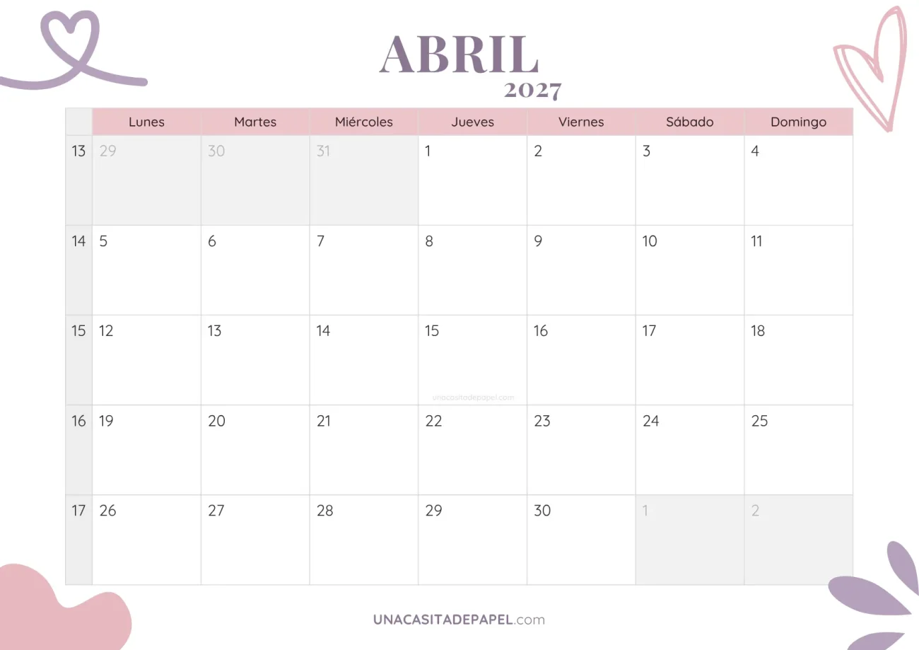 calendario abril 2027 aesthetic gratis