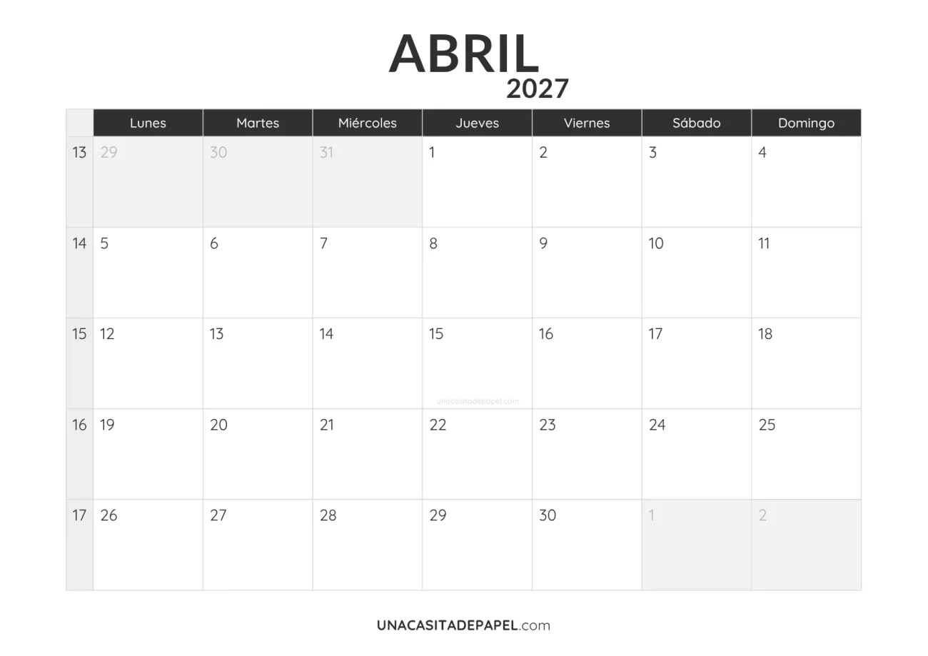 calendario abril 2027 minimalista imprimible