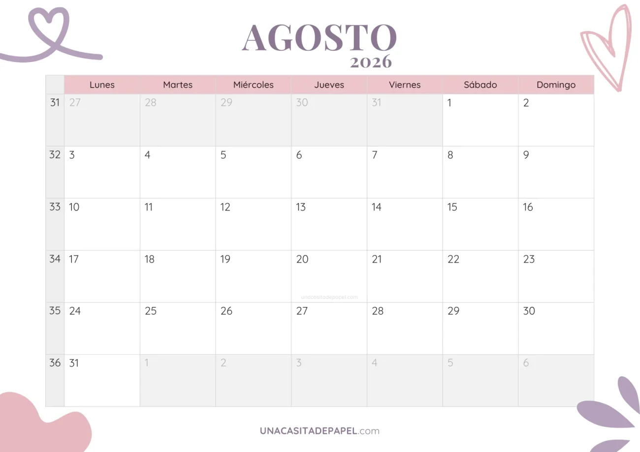 calendario agosto 2026 aesthetic gratis