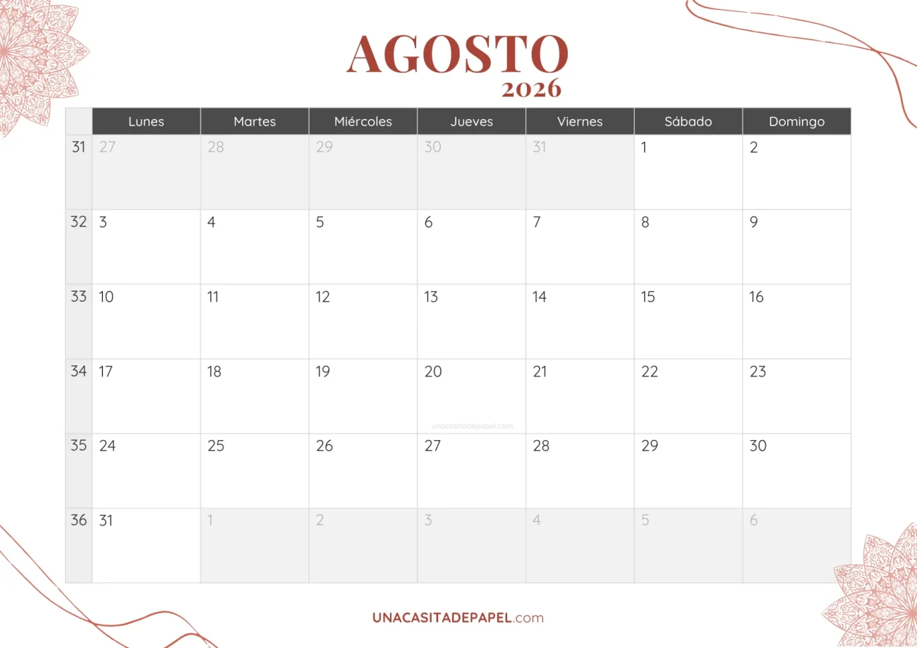calendario agosto 2026 bohemio mensual