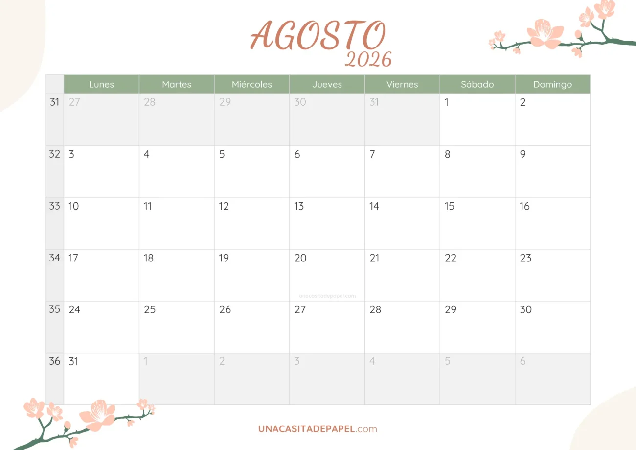 calendario agosto 2026 floral bonito