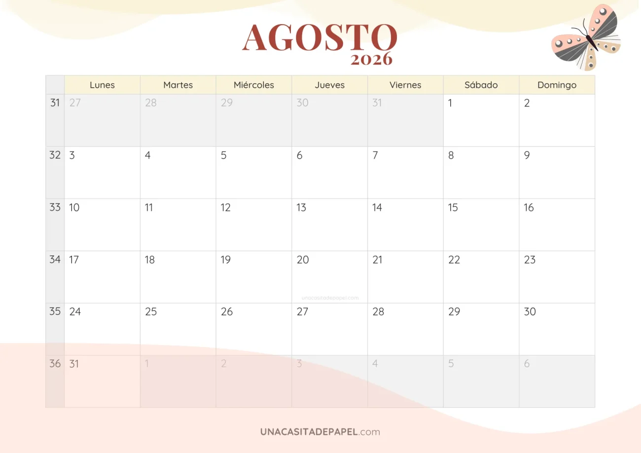 calendario agosto 2026 romantico descargable