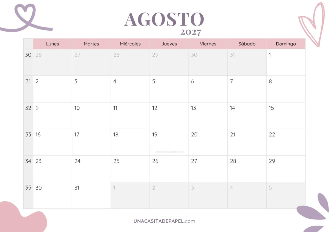 calendario agosto 2027 aesthetic gratis