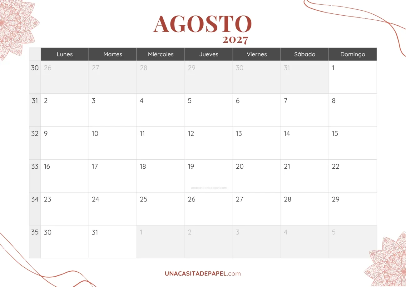 calendario agosto 2027 bohemio mensual