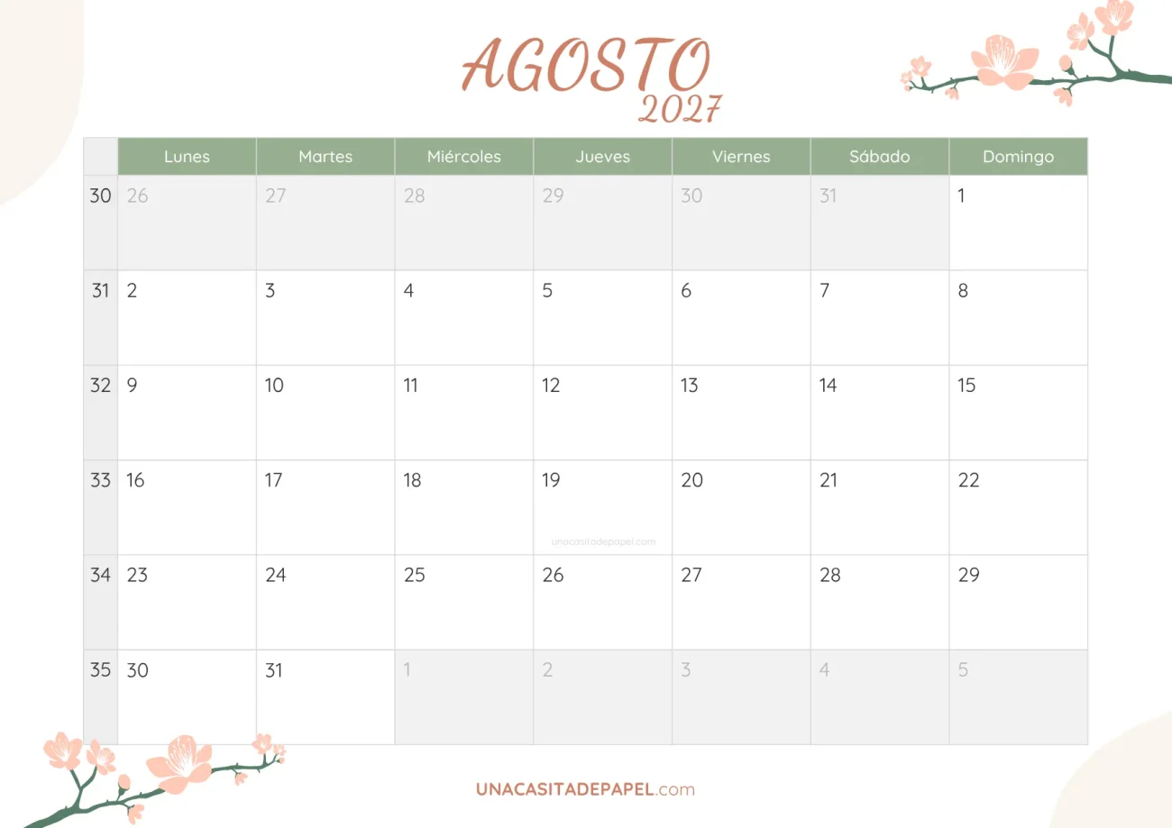 calendario agosto 2027 floral bonito