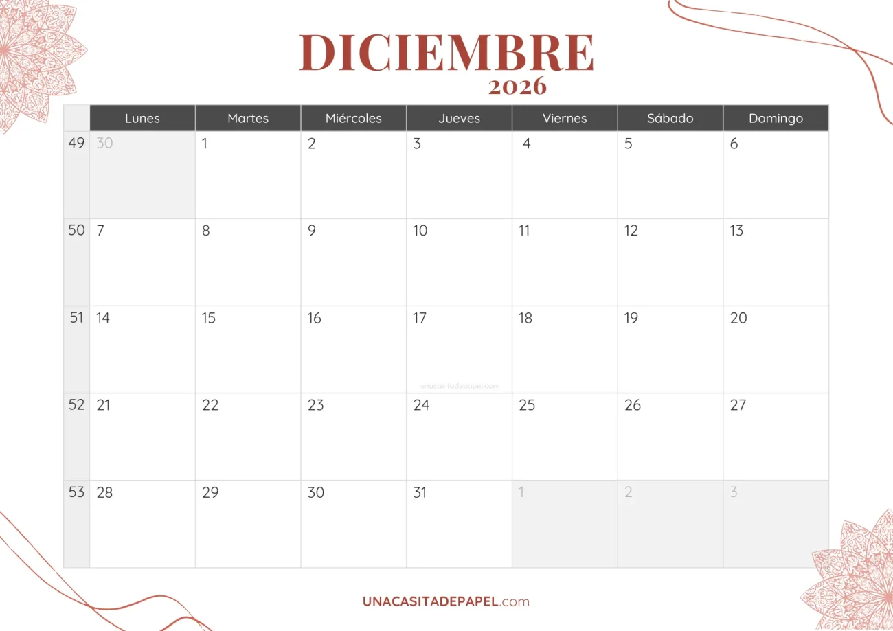 calendario diciembre 2026 bohemio mensual