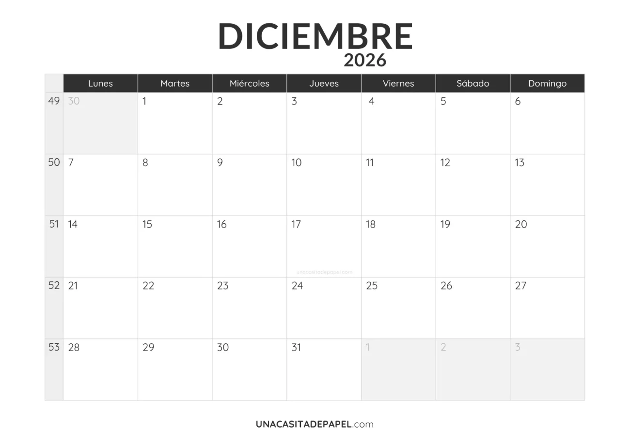 calendario diciembre 2026 minimalista imprimible