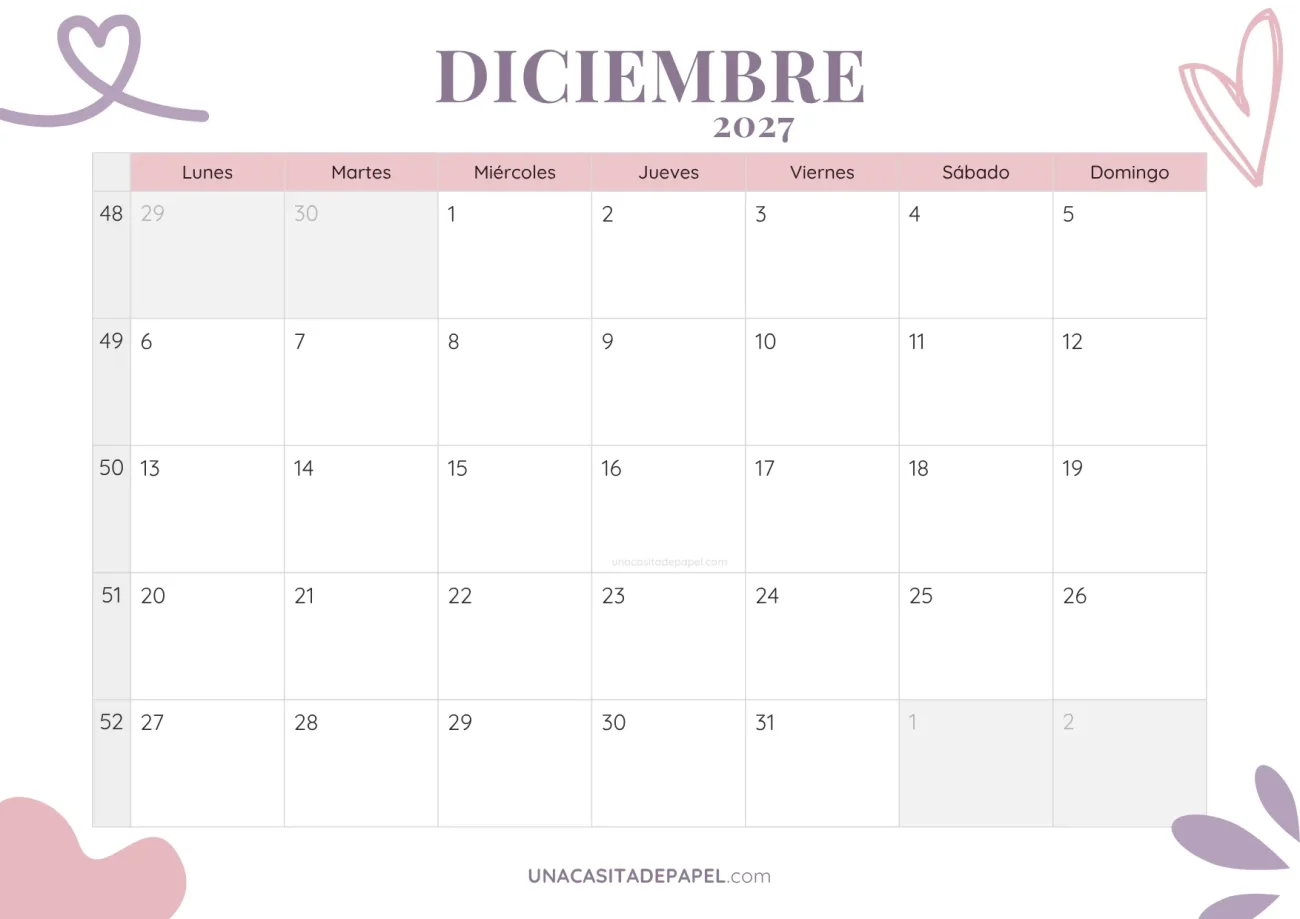 calendario diciembre 2027 aesthetic gratis