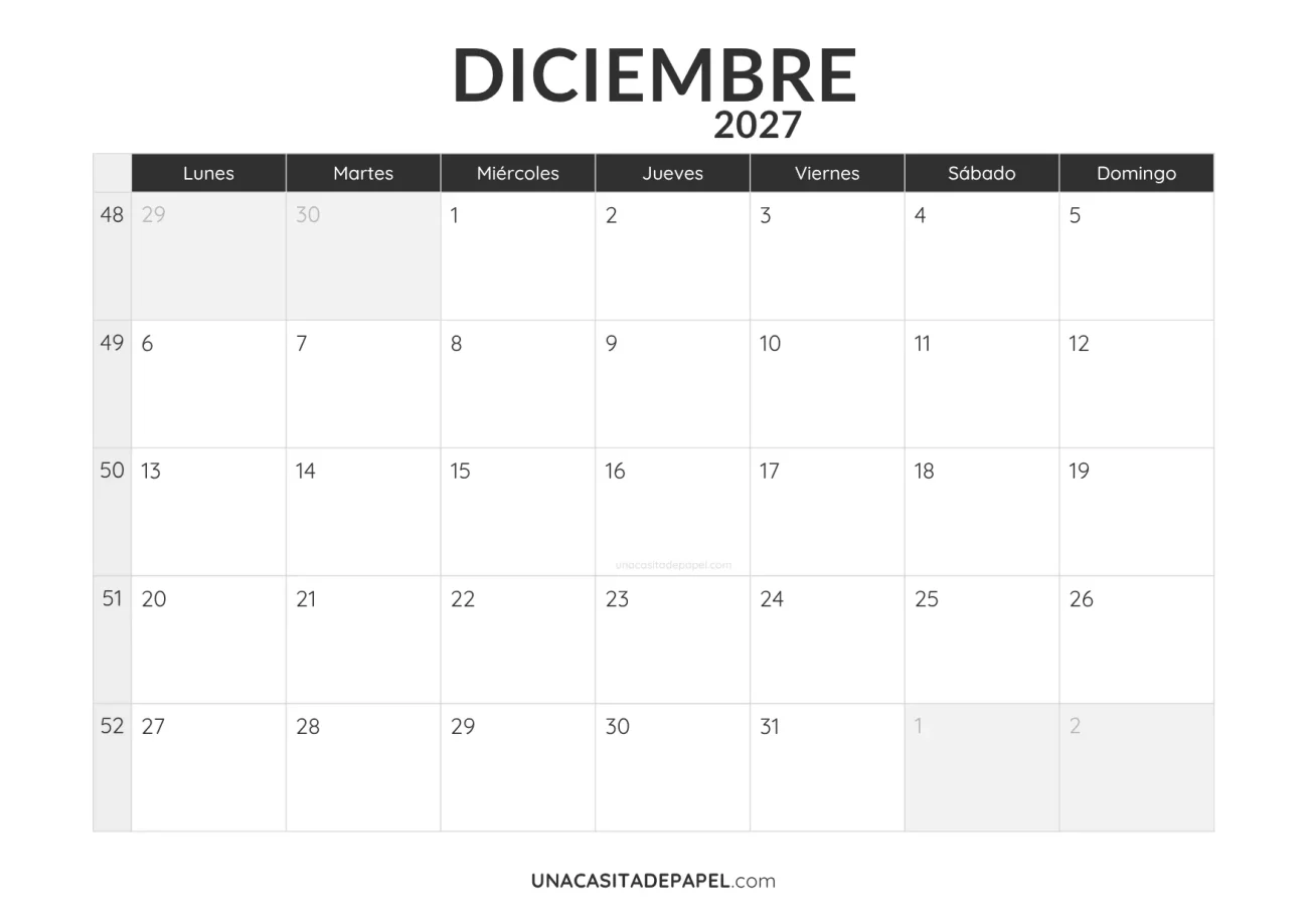 calendario diciembre 2027 minimalista imprimible