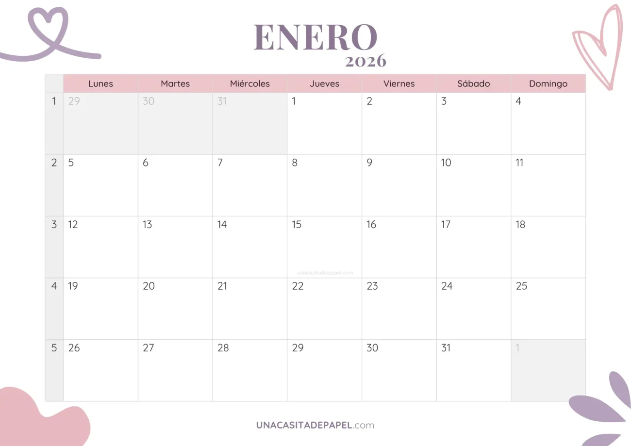 calendario enero 2026 aesthetic gratis