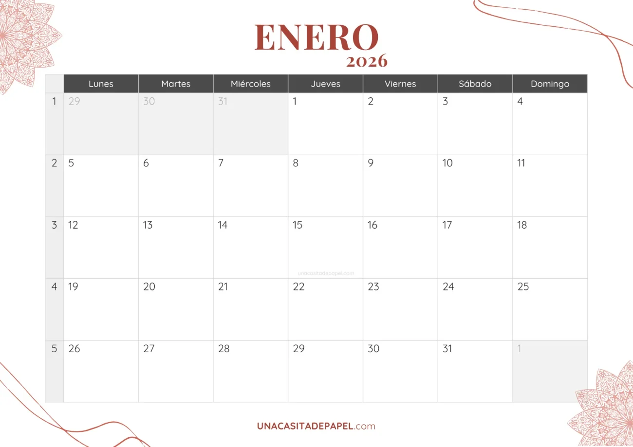 calendario enero 2026 bohemio mensual
