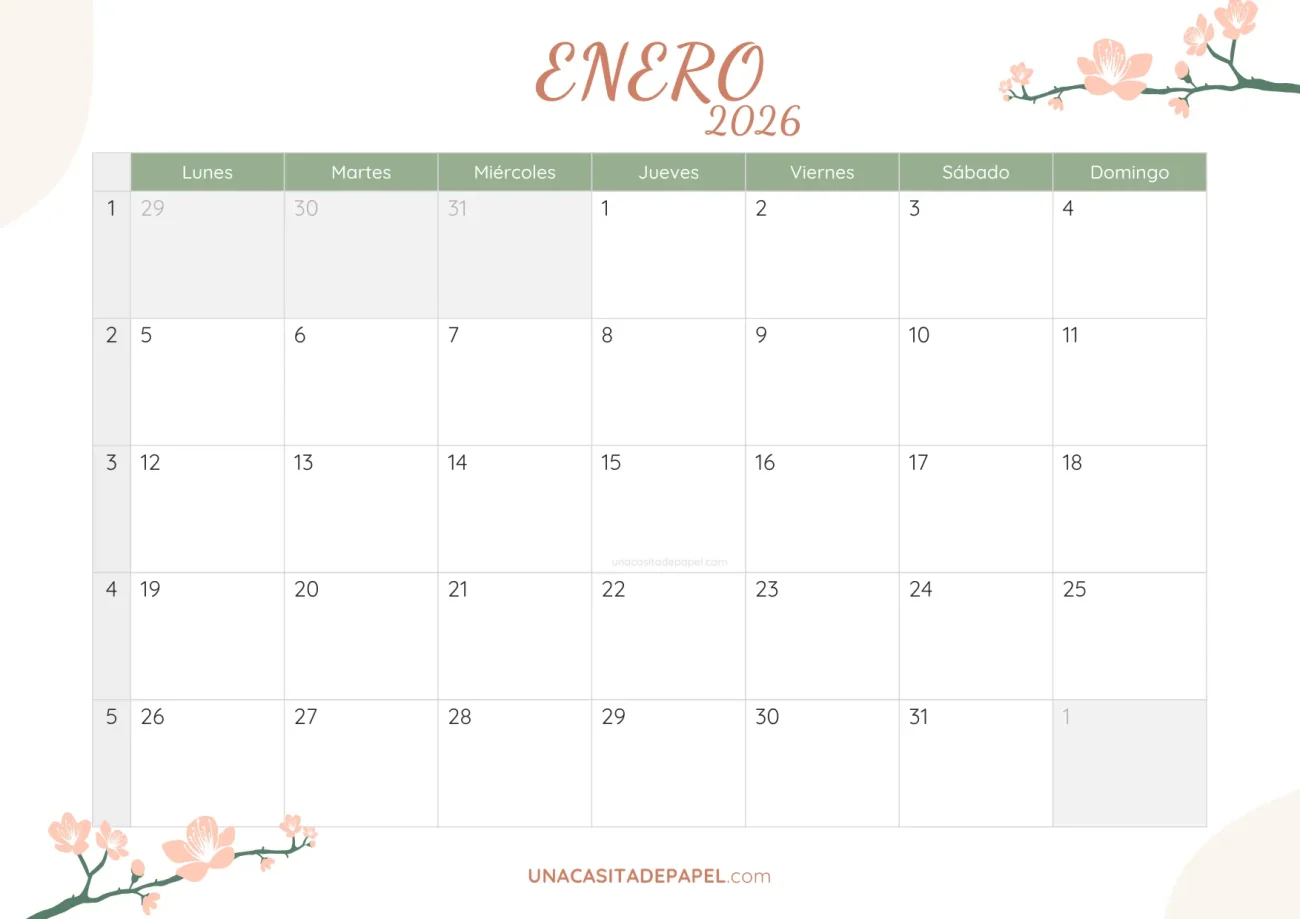 calendario enero 2026 floral bonito