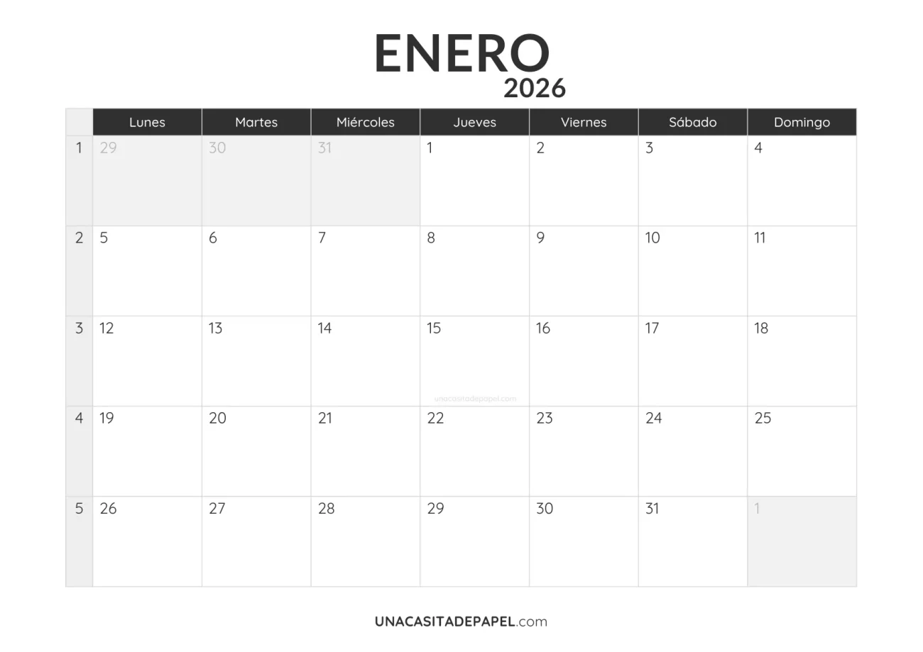 calendario enero 2026 minimalista imprimible