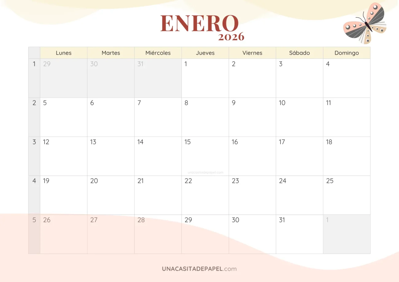 calendario enero 2026 romantico descargable