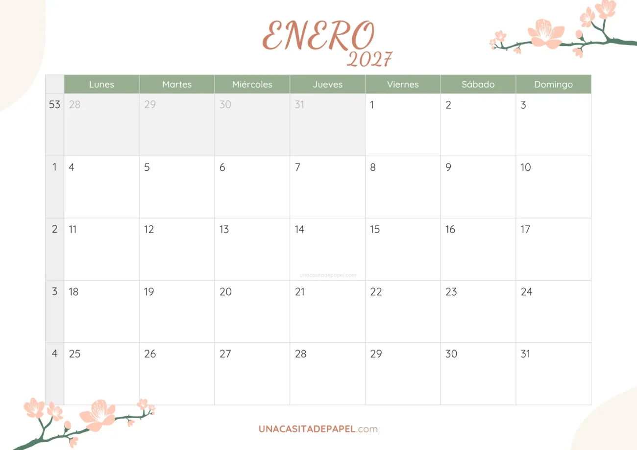calendario enero 2027 floral bonito