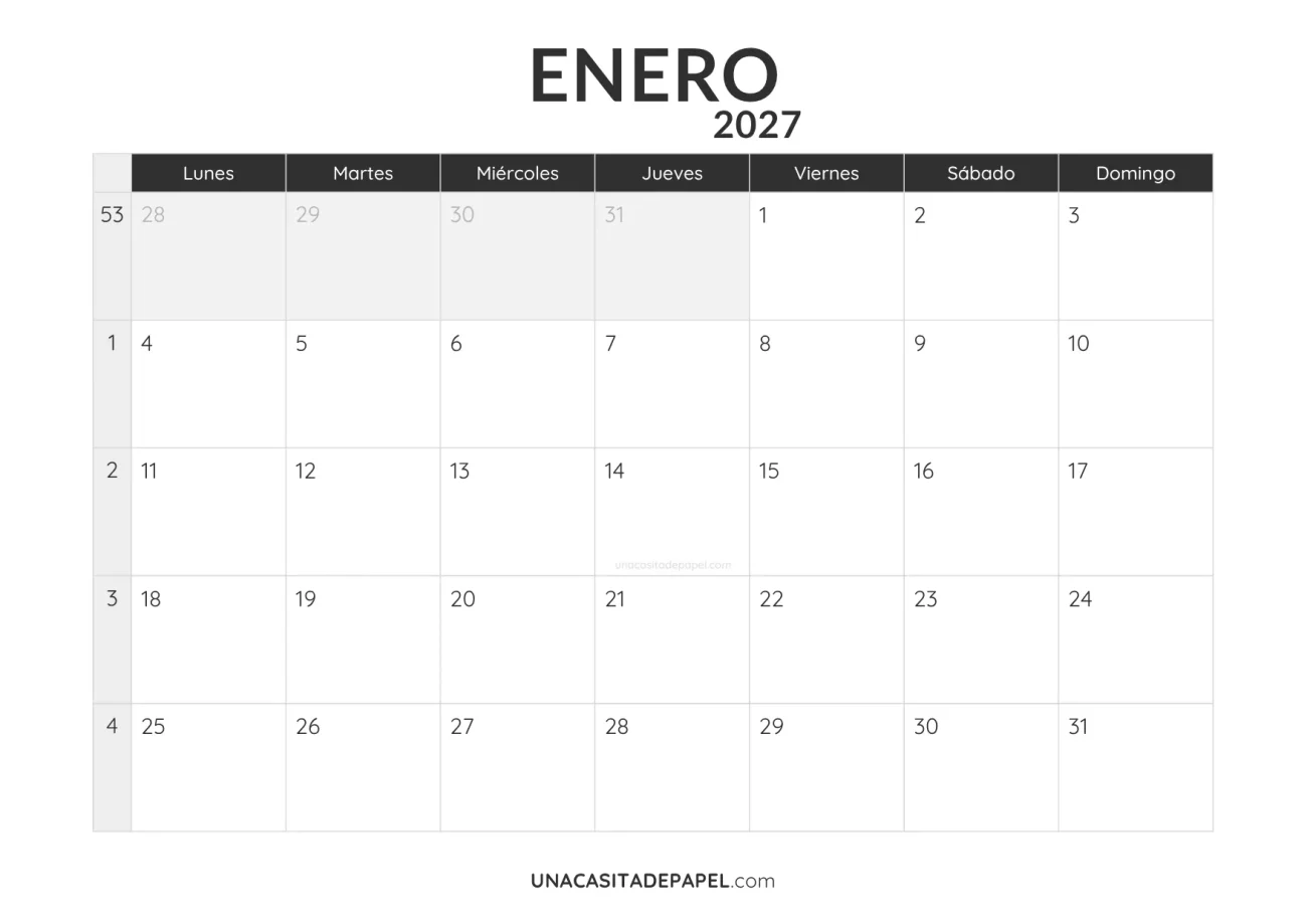 calendario enero 2027 minimalista imprimible
