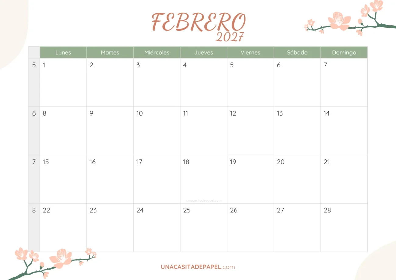 calendario febrero 2027 floral bonito