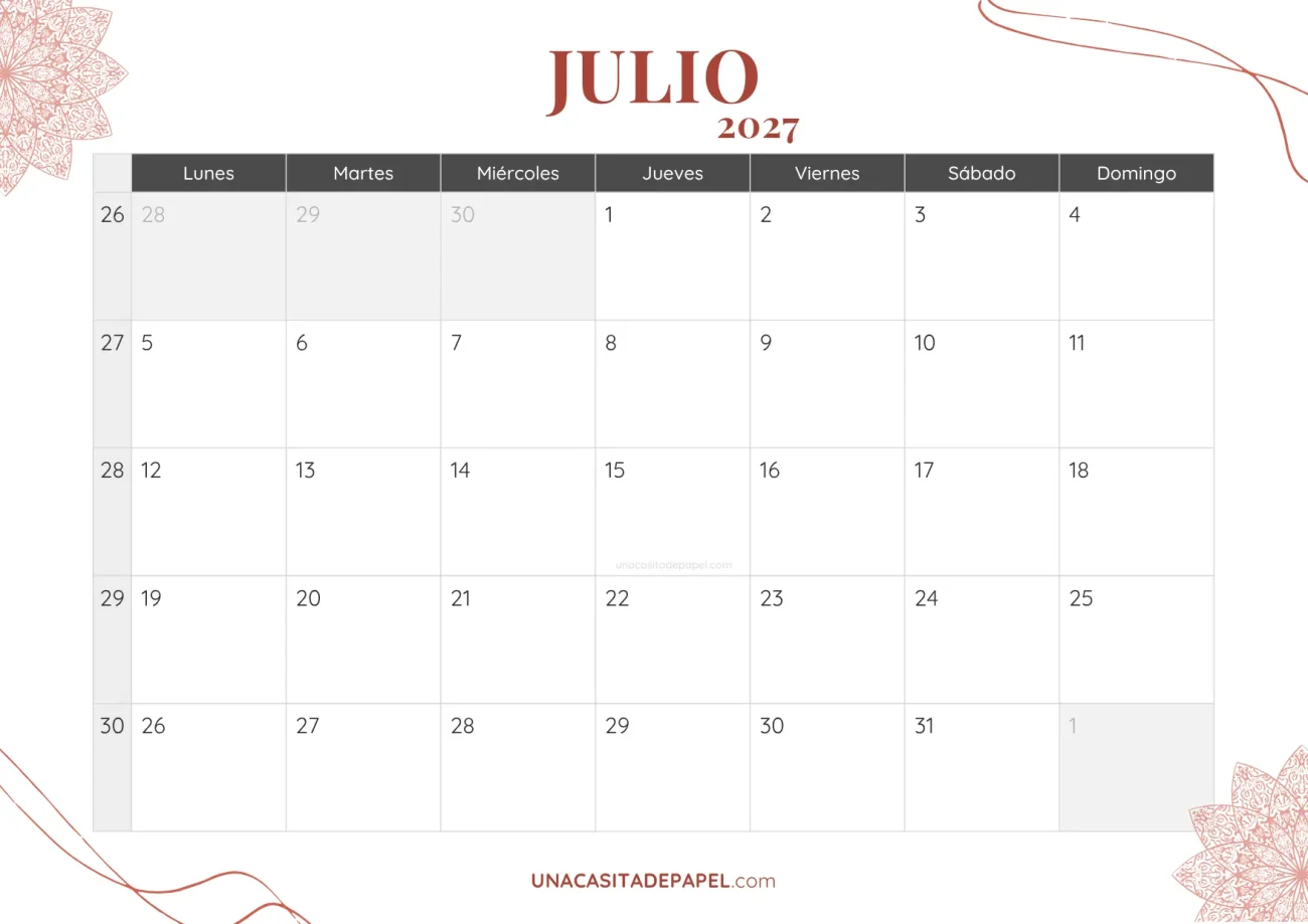 calendario julio 2027 bohemio mensual