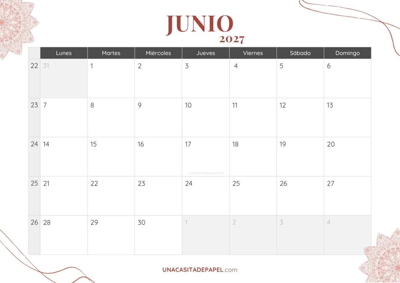 calendario junio 2027 bohemio mensual