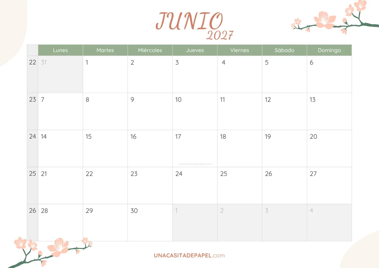 calendario junio 2027 floral bonito