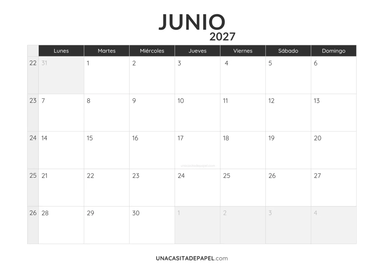 calendario junio 2027 minimalista imprimible