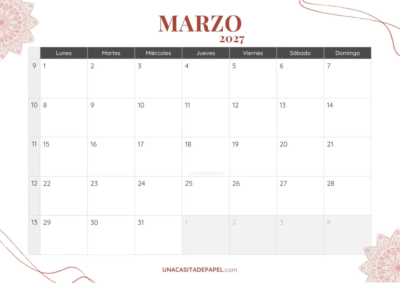 calendario marzo 2027 bohemio mensual