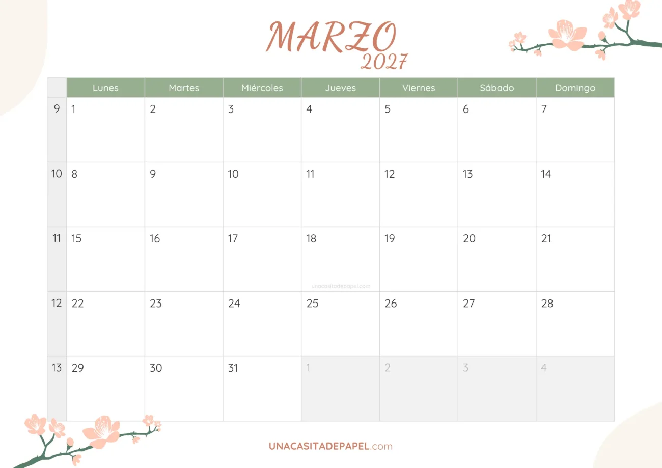 calendario marzo 2027 floral bonito