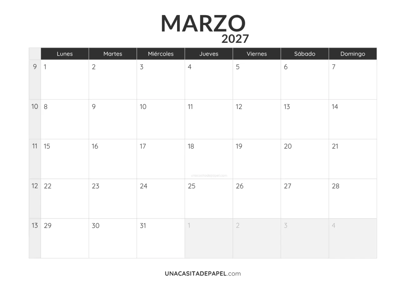 calendario marzo 2027 minimalista imprimible