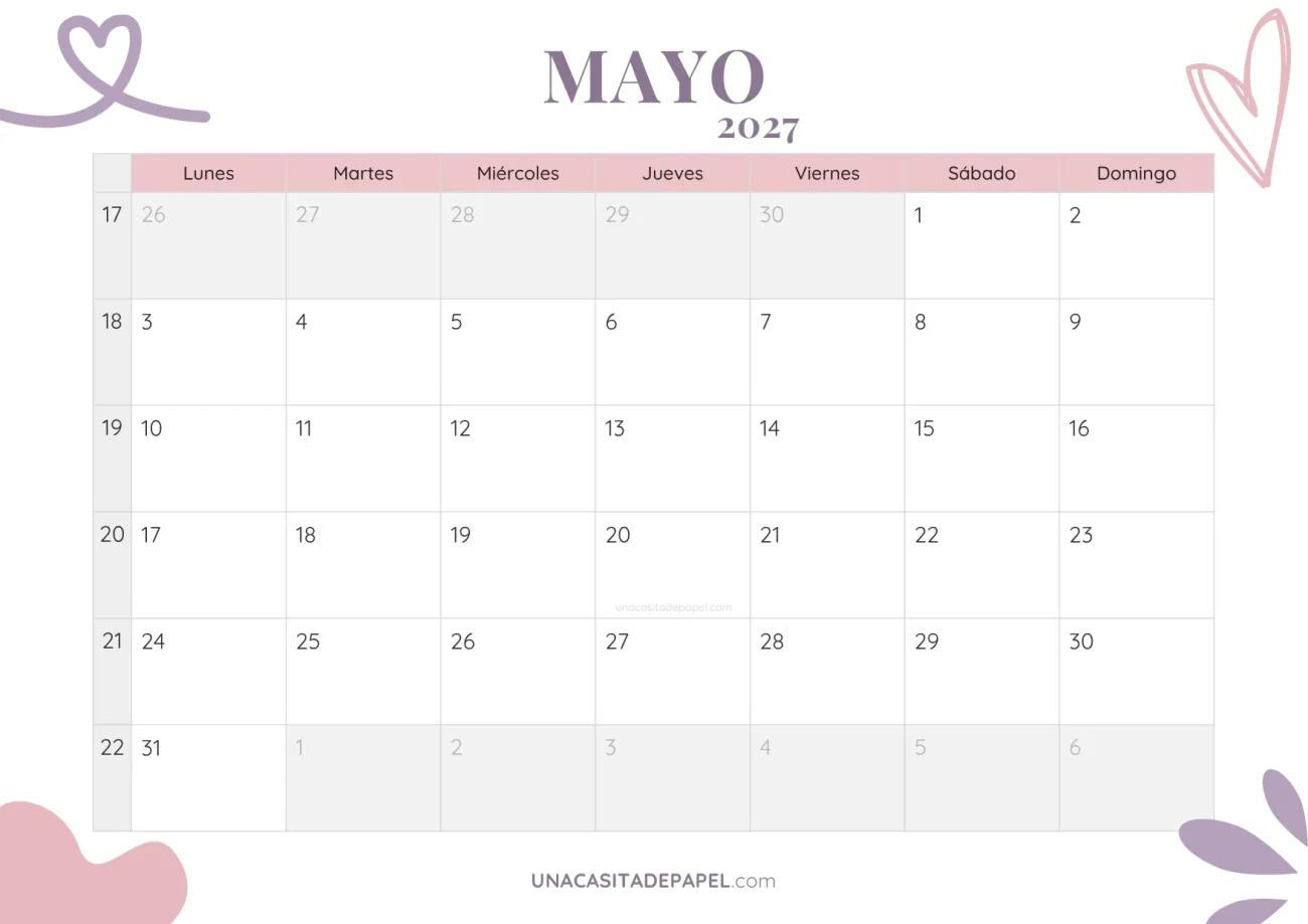 calendario mayo 2027 aesthetic gratis