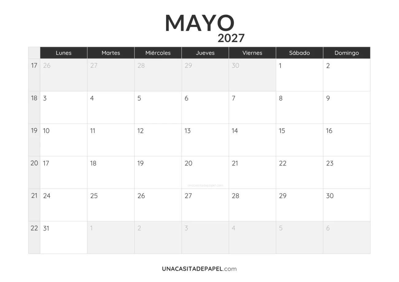 calendario mayo 2027 minimalista imprimible