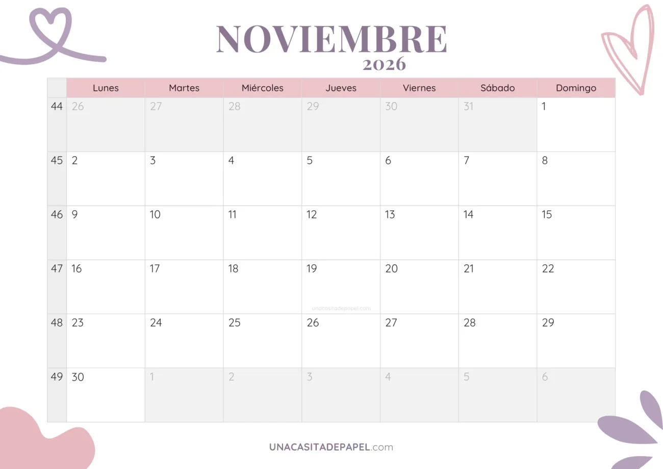 calendario noviembre 2026 aesthetic gratis