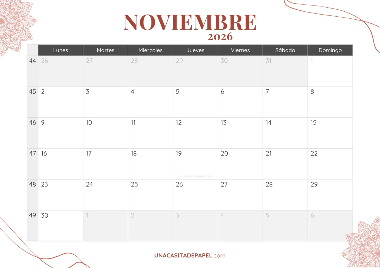 calendario noviembre 2026 bohemio mensual