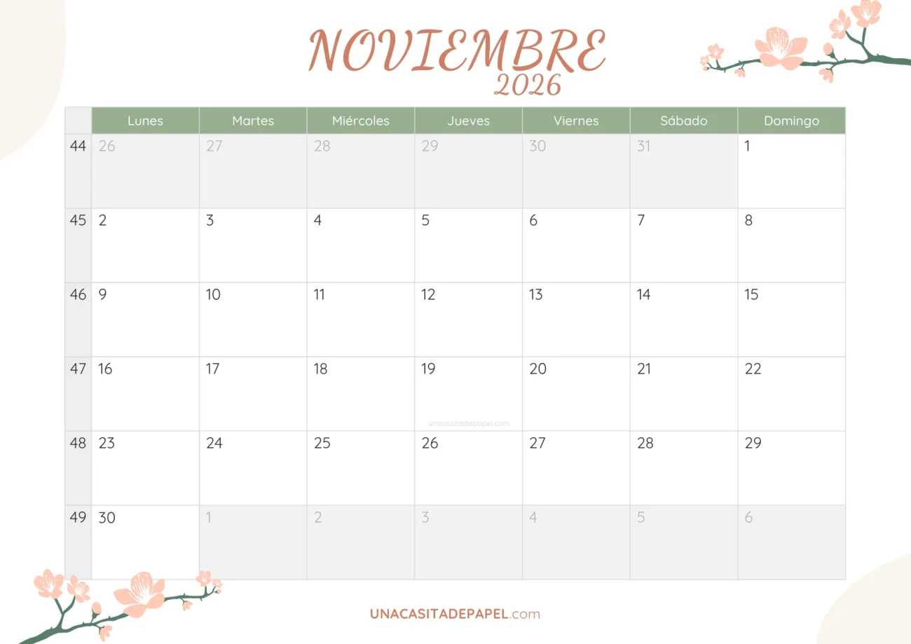 calendario noviembre 2026 floral bonito