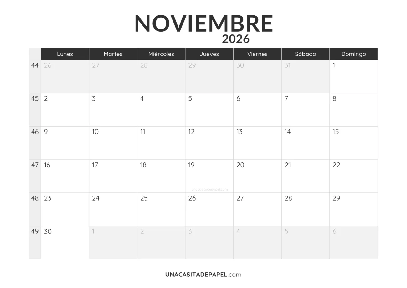 calendario noviembre 2026 minimalista imprimible