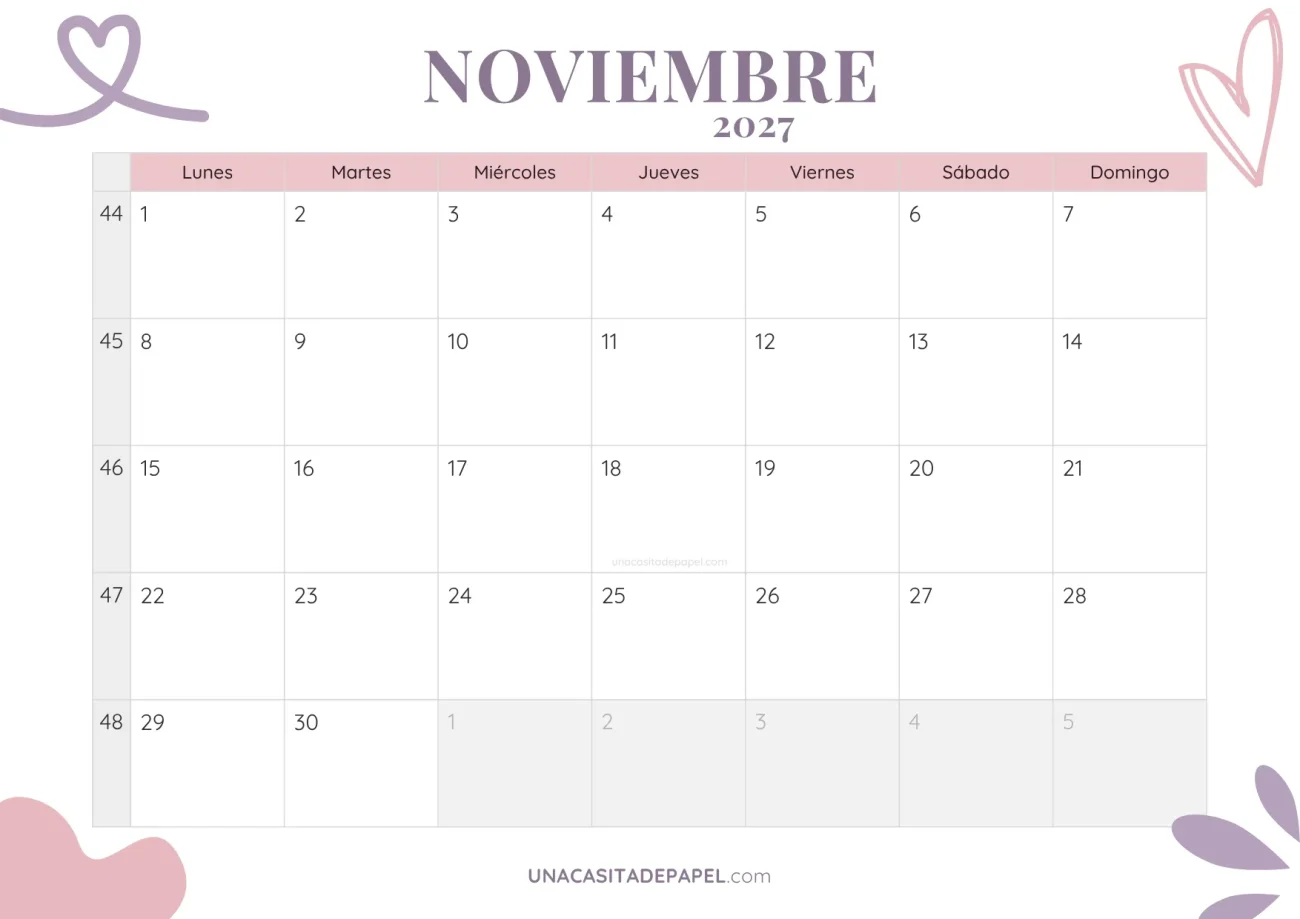 calendario noviembre 2027 aesthetic gratis