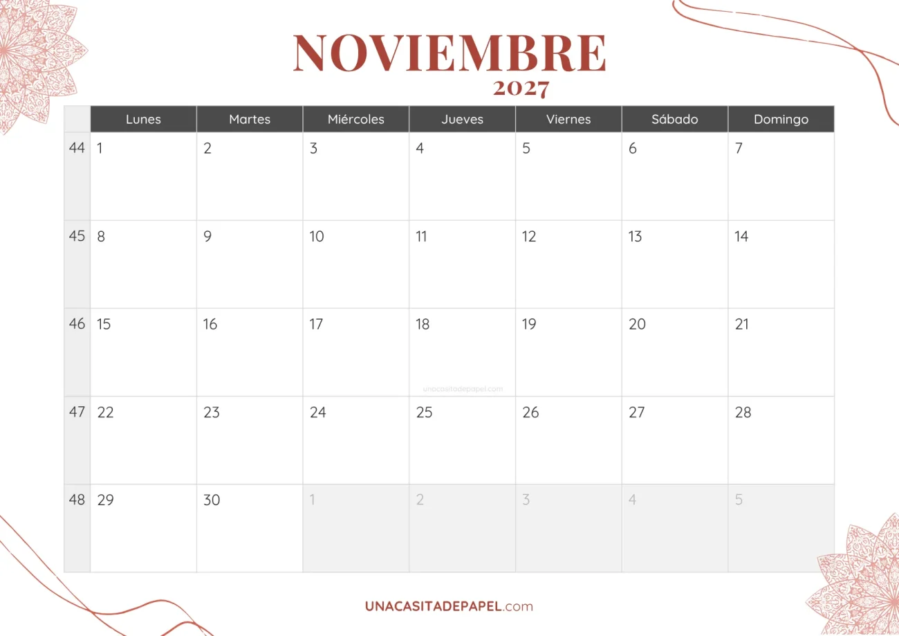 calendario noviembre 2027 bohemio mensual