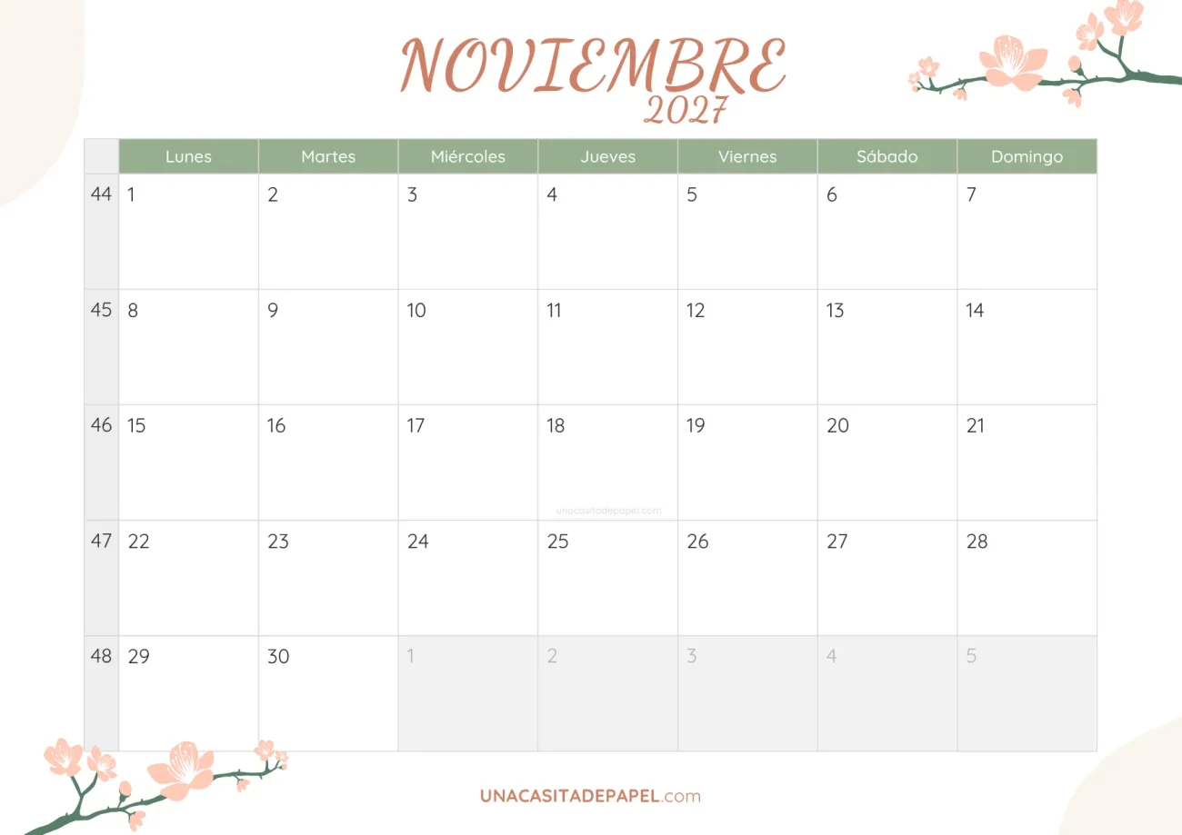 calendario noviembre 2027 floral bonito