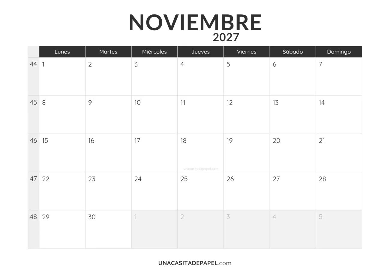 calendario noviembre 2027 minimalista imprimible