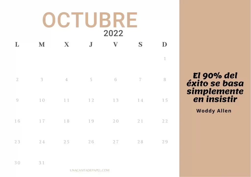 calendario octubre 2022 con frase para imprimir