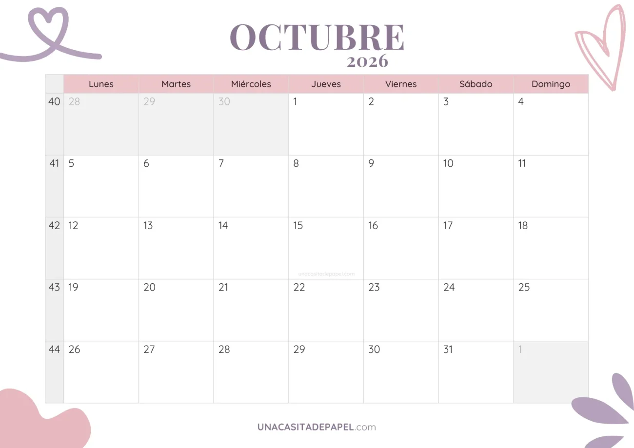 calendario octubre 2026 aesthetic gratis