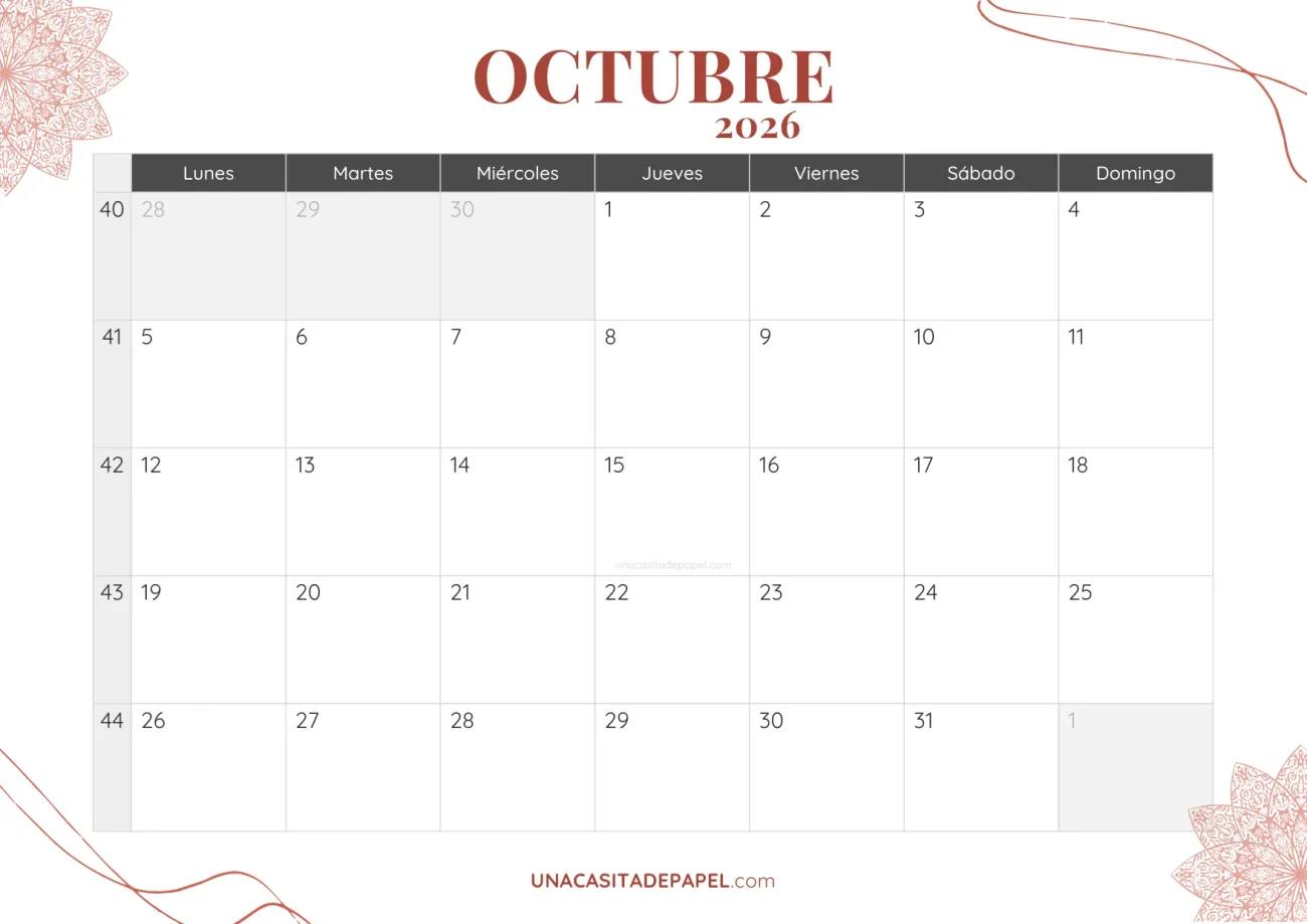 calendario octubre 2026 bohemio mensual
